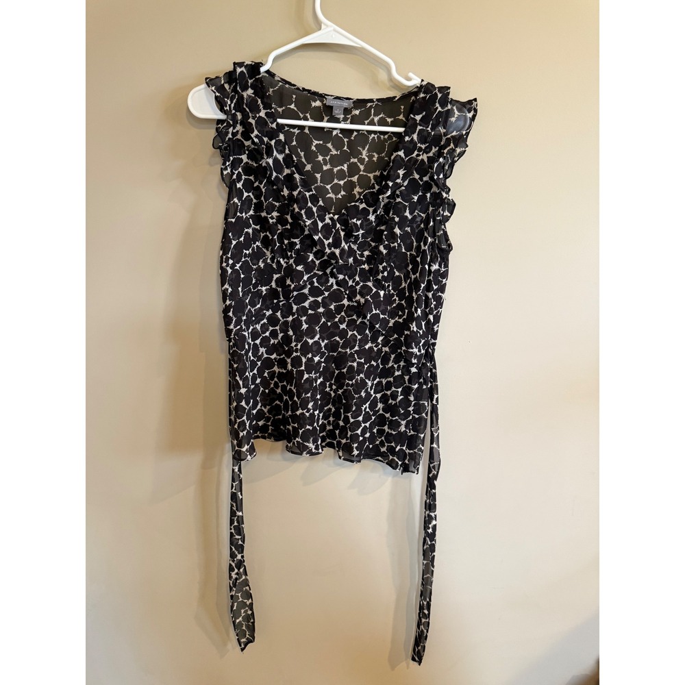 Ann Taylor Black White Animal Print Ruffle Sleeveless Tie Waist Blouse Size 6